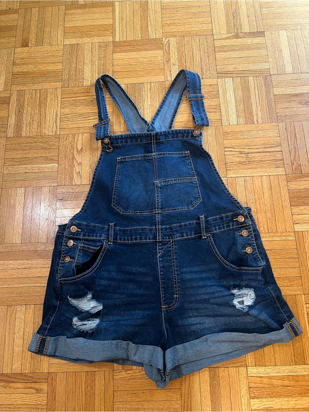 Granola meets Fisherman No Boundaries Dark Blue Denim Short Overalls size XL